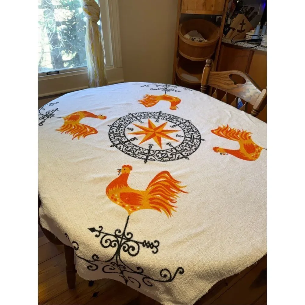 Vintage Terrycloth Chicken Rooster Tablecloth MCM Mod READ